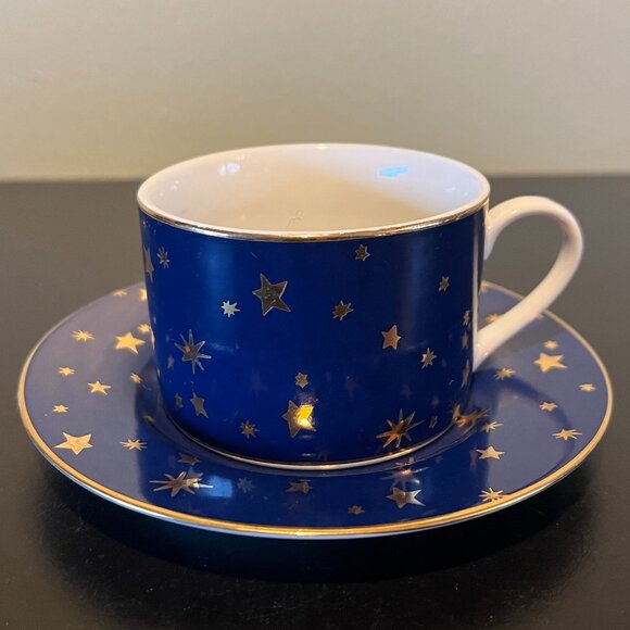 Set of 2 Vintage Sakura GALAXY Blue Fine Porcelain Cups & Saucers 14k Gold Stars - Picture 4 of 11